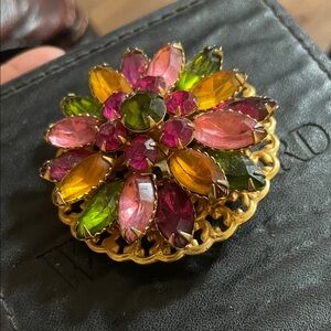 Stanley Gold-Tone Floral Brooch with Pink, Amber and Green Crystals
